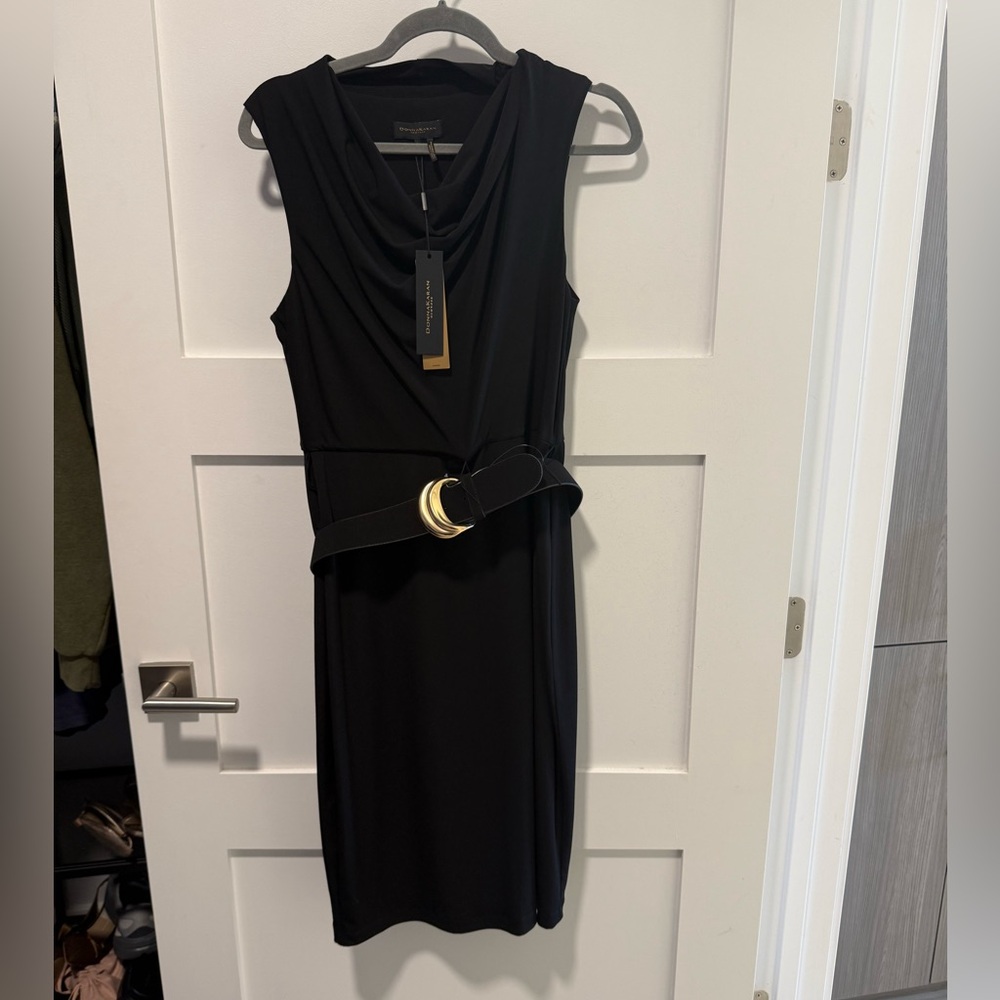 Donna Karan Black Sleeveless Cowl Neck Midi Dress with Gold Buckle